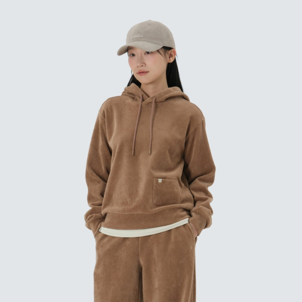 코듀로이 여성 후드 티셔츠 Camel