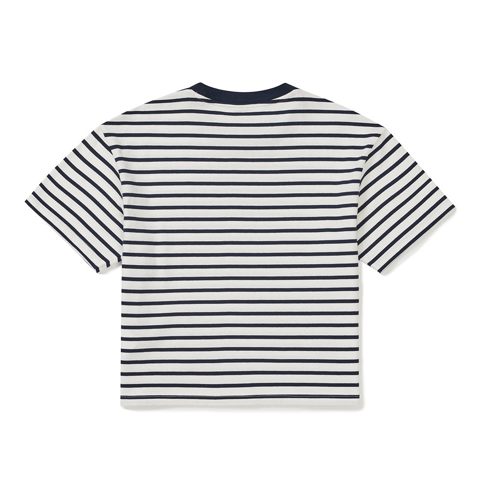 코튼 여성 스트라이프 세미크롭 반팔 티셔츠 Navy