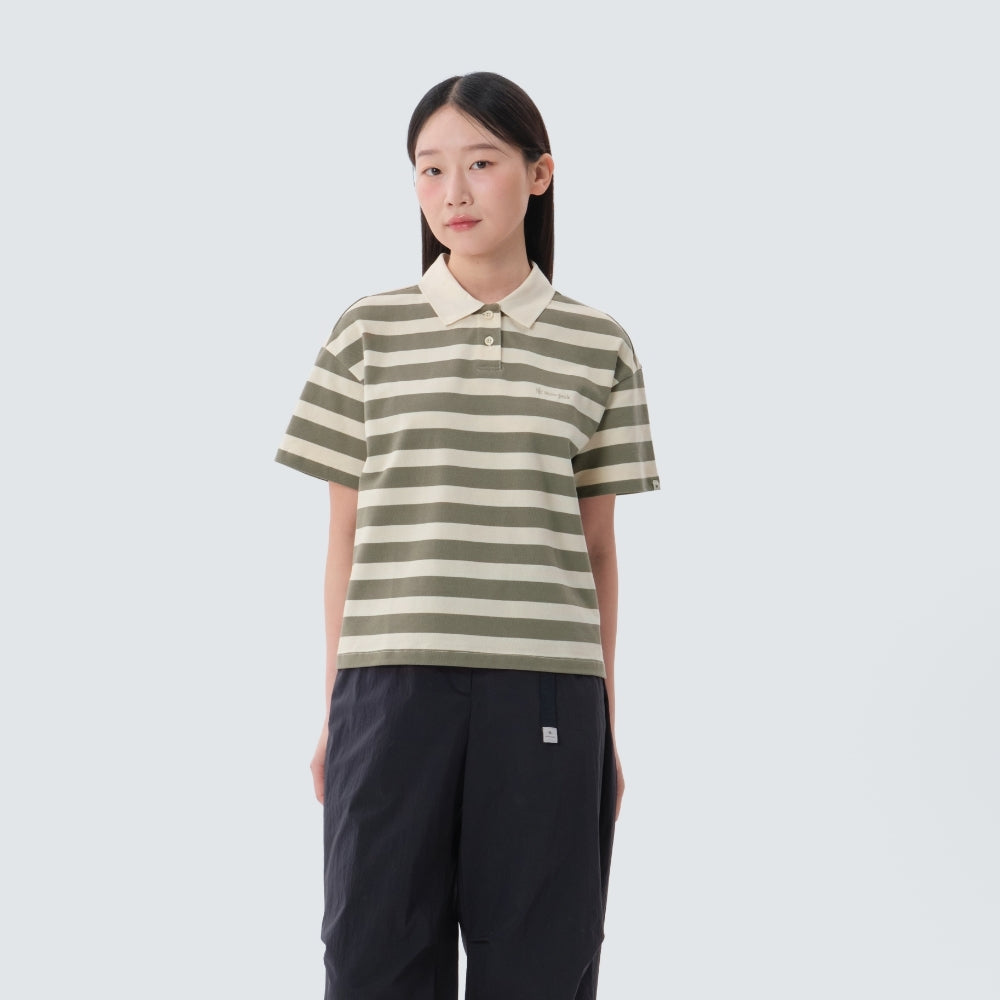 코튼 여성 스트라이프 폴로 티셔츠 Vintage Khaki