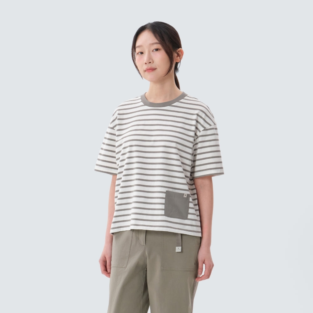 코튼 여성 스트라이프 세미크롭 반팔 티셔츠 Light Khaki
