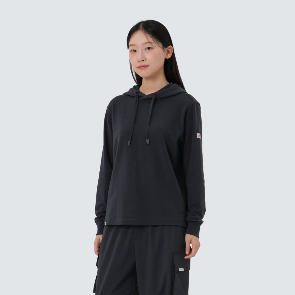 베이직 여성 세미크롭 후드 티셔츠 Dark Charcoal